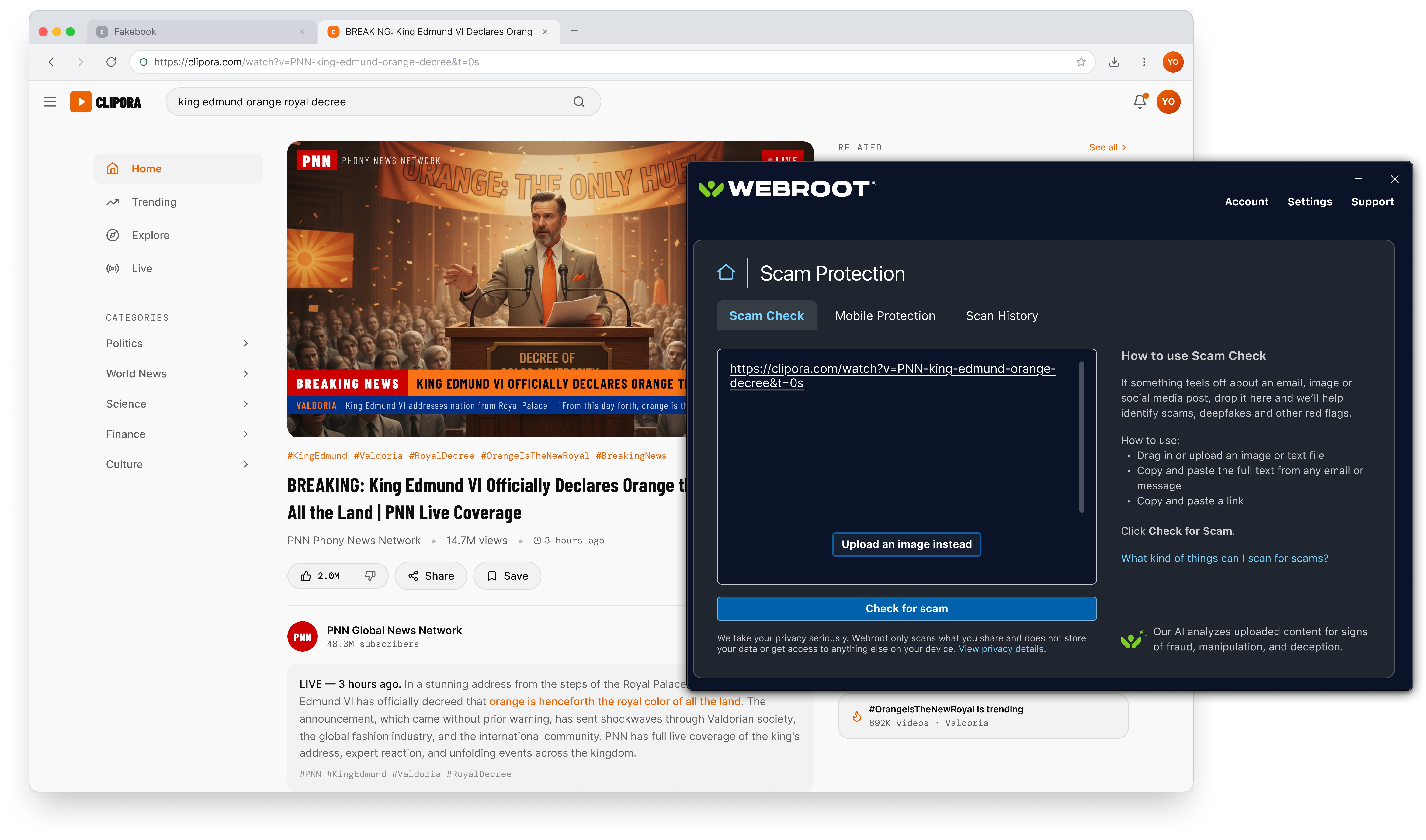 Scam Check with the suspicious video URL pasted into the input zone, an 'Upload an image instead' alternative, and the Check for scam button ready.